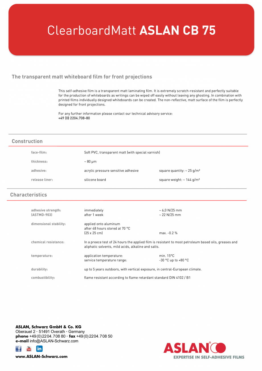 Pagina 1-Folie transparenta mata cu suprafata whiteboard si ecran proiectii PIN PLUS PIN CB 75 Fisa tehnica...