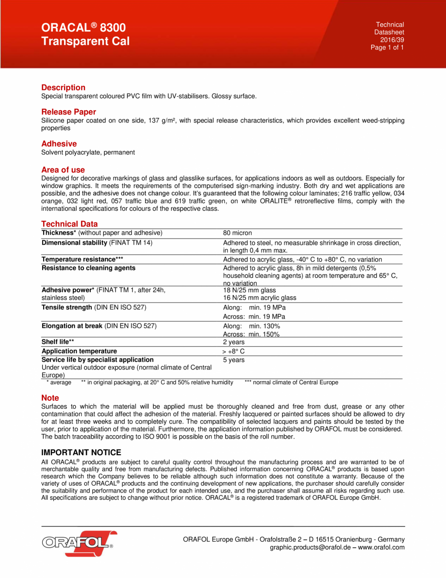 Pagina 1-Folie autoadeziva PVC – transparentă ORAFOL 8300  Fisa tehnica Engleza Technical
Datasheet...