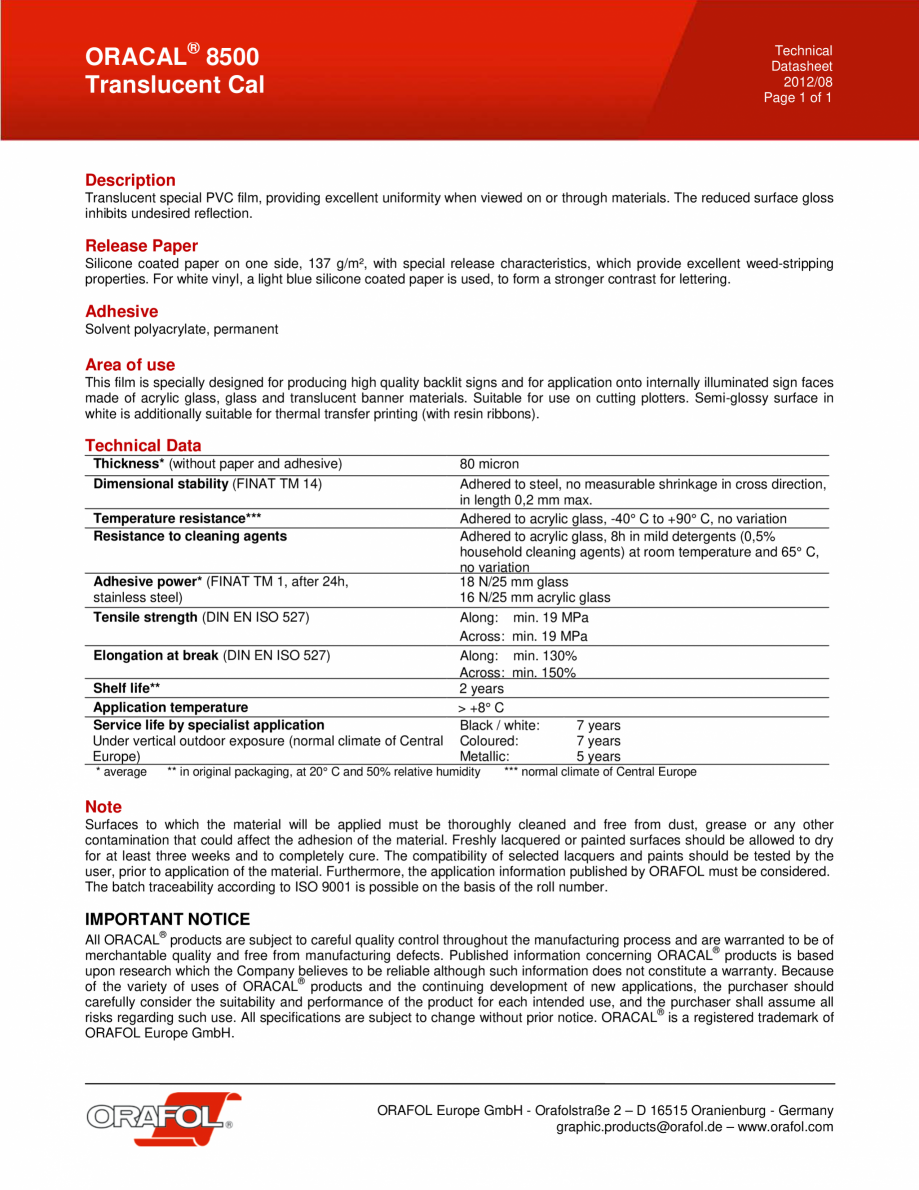 Pagina 1-Folie autoadeziva PVC – translucent cal ORAFOL 8500 Fisa tehnica Engleza ORACAL® 8500...