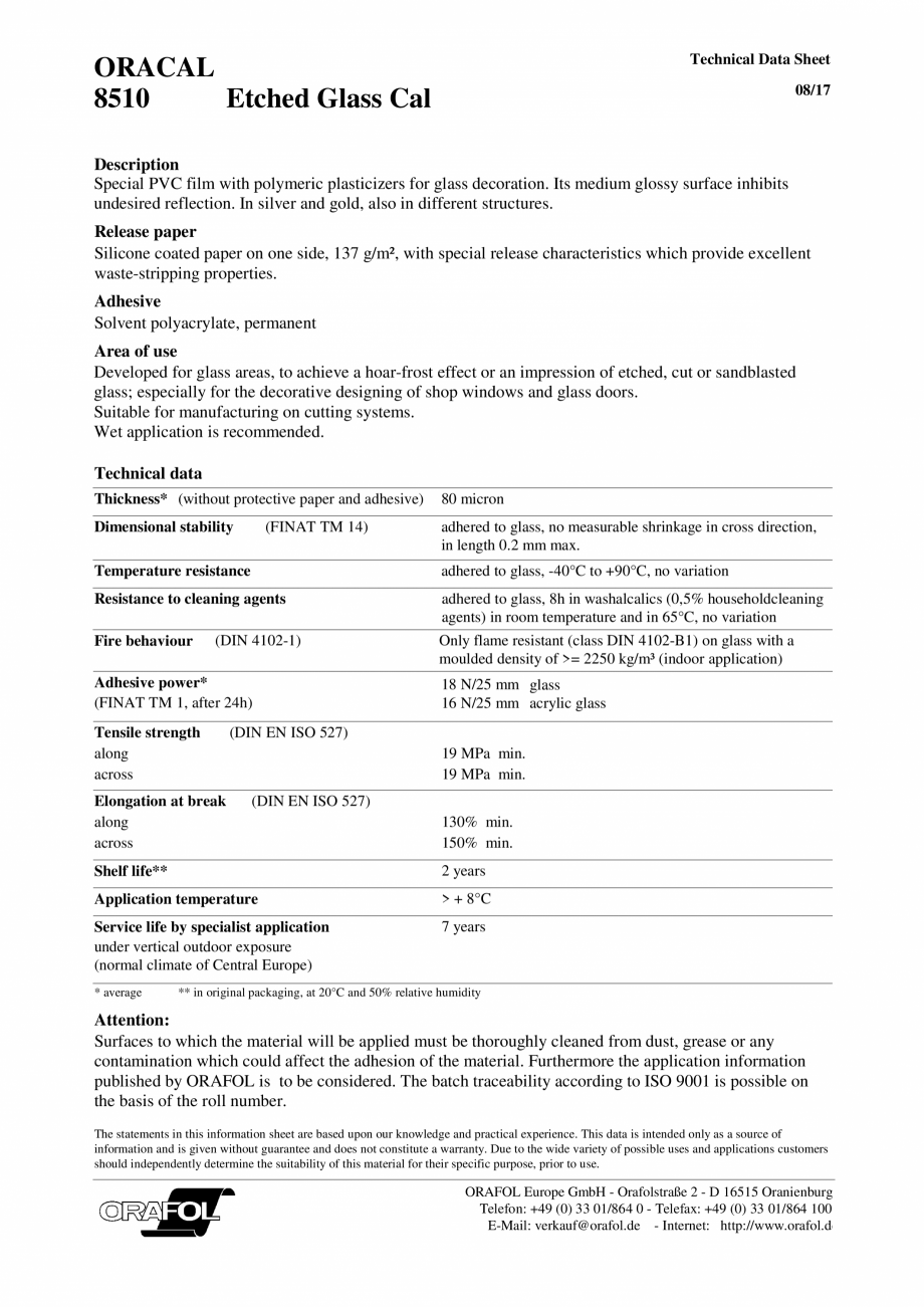 Pagina 1-Folie imitatie metal sablat auriu / argintiu ORAFOL 8510 Fisa tehnica Engleza Technical Data Sheet

...