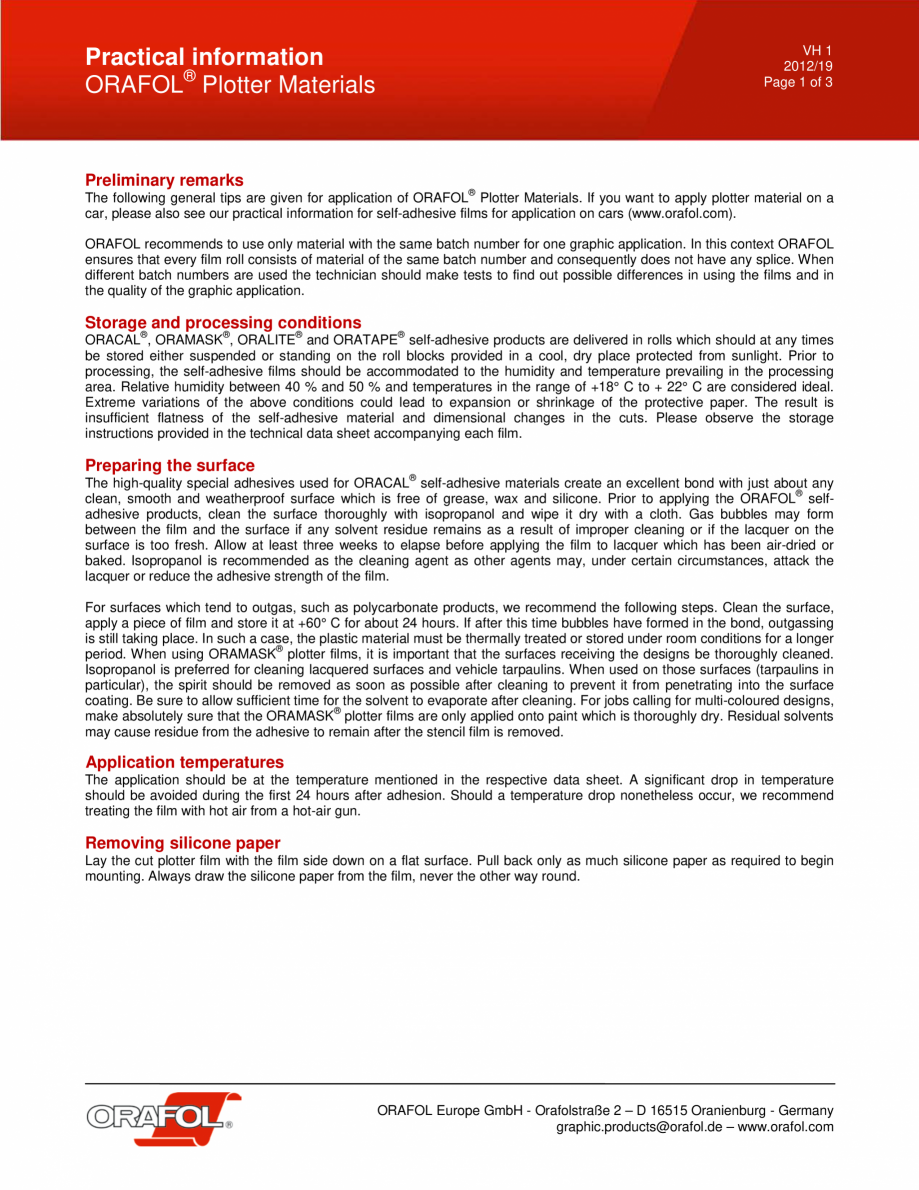 Pagina 1-Folie transparenta mata ORAFOL 651 Instructiuni montaj, utilizare Engleza VH 1
2012/19
Page 1 of 3

...