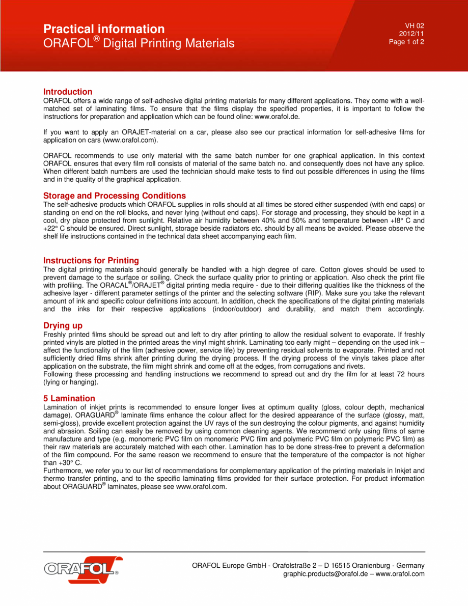 Pagina 1-Folie imprimabila cu diverse grade transparenta ORAFOL ORAJET 3651/3650 Instructiuni montaj,...