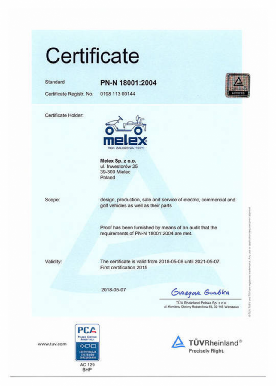 Pagina 1-Certificat PN - N 18001:2004 pentru autoutilitare electrice ecologice MELEX 391.1. Certificare...