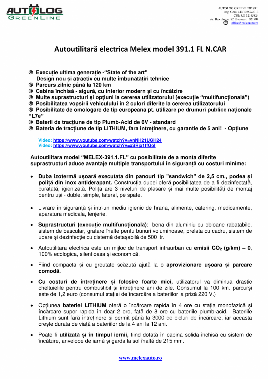 Pagina 1-Autoutilitara electrica Melex model 391.1 FL N.CAR MELEX 391.1. Catalog, brosura Romana AUTOLOG...