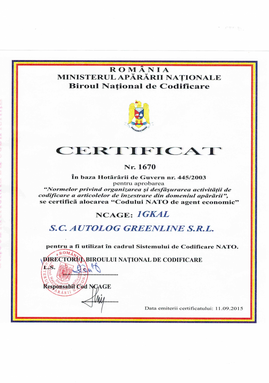 Pagina 1-Certificat NATO NCAGE  Certificare produs Romana 
