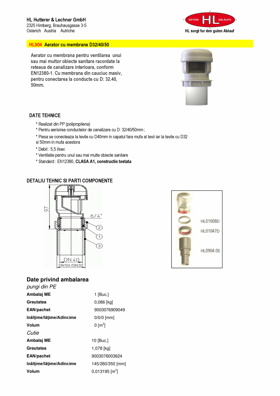 Pagina 1-Aerator cu membrana pentru ventilarea unui sau mai multor obiecte sanitare HL Hutterer & Lechner...