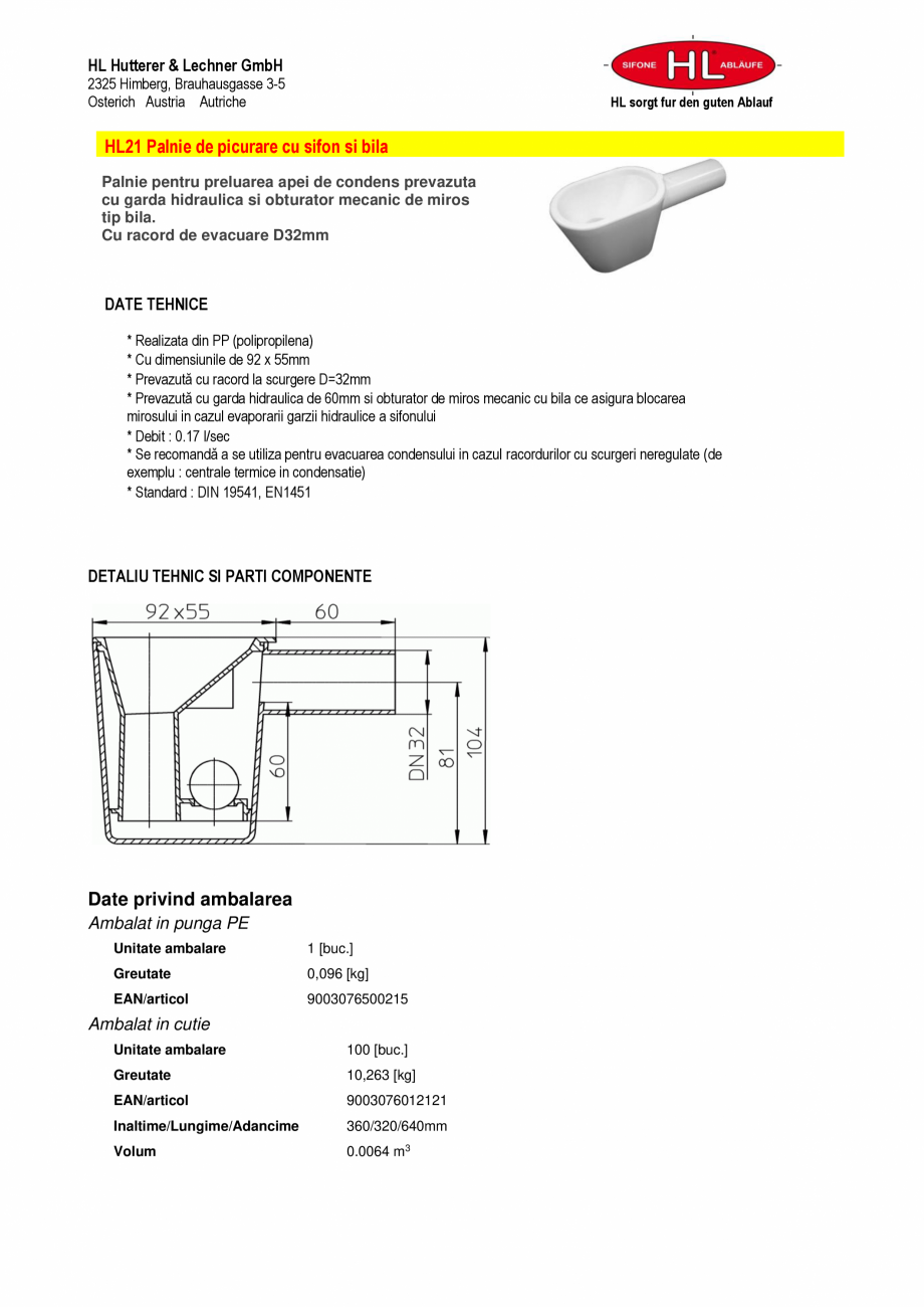 Pagina 1-Sifon condens tip palnie HL Hutterer & Lechner HL21 Fisa tehnica Romana HL Hutterer & Lechner...