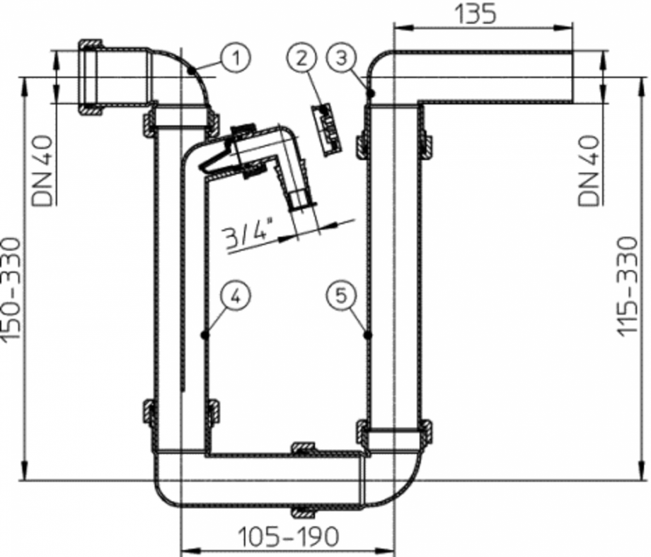 Pagina 1-Sifon pentru condens, racord intrare orizontal D40 si evacuare orizontal D40 mm - desen tehnic HL...