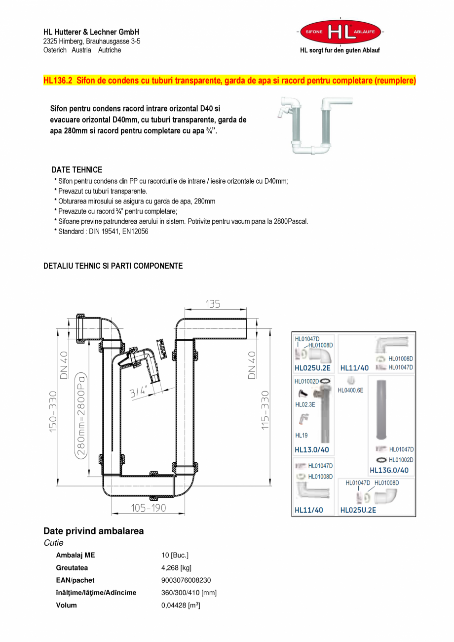 Pagina 1-Sifon pentru condens, racord intrare orizontal D40 si evacuare orizontal D40 mm HL Hutterer &...
