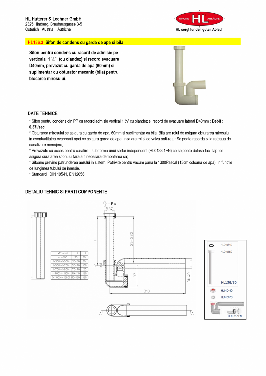 Pagina 1-Sifon pentru condens cu racord de admisie pe verticala HL Hutterer & Lechner HL136.3 Fisa...
