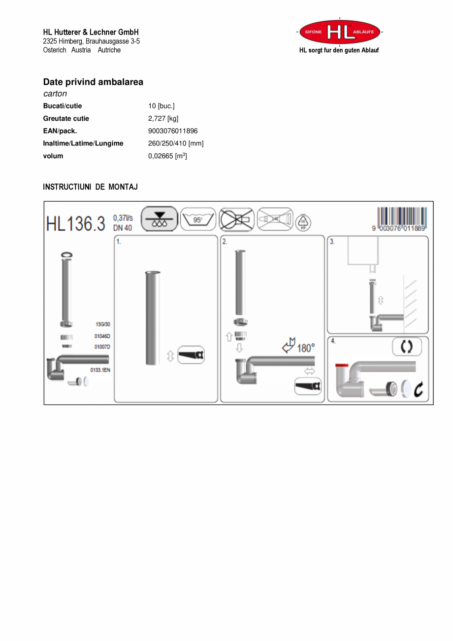 Pagina 2-Sifon pentru condens cu racord de admisie pe verticala HL Hutterer & Lechner HL136.3 Fisa...