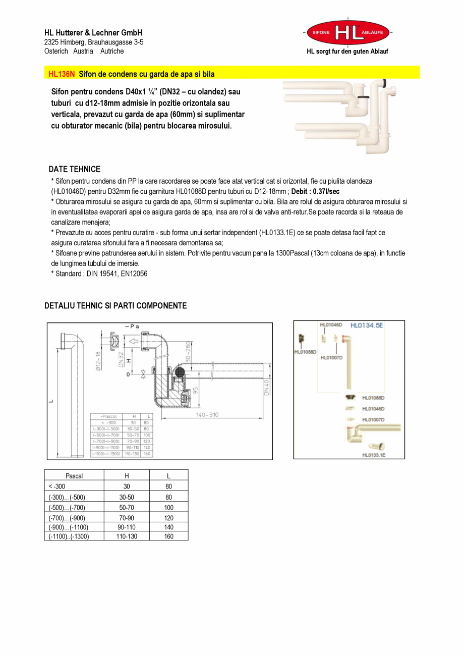 Pagina 1 - Sifon pentru condens cu racord intrare pozitionat orizontal sau vertical HL Hutterer &...