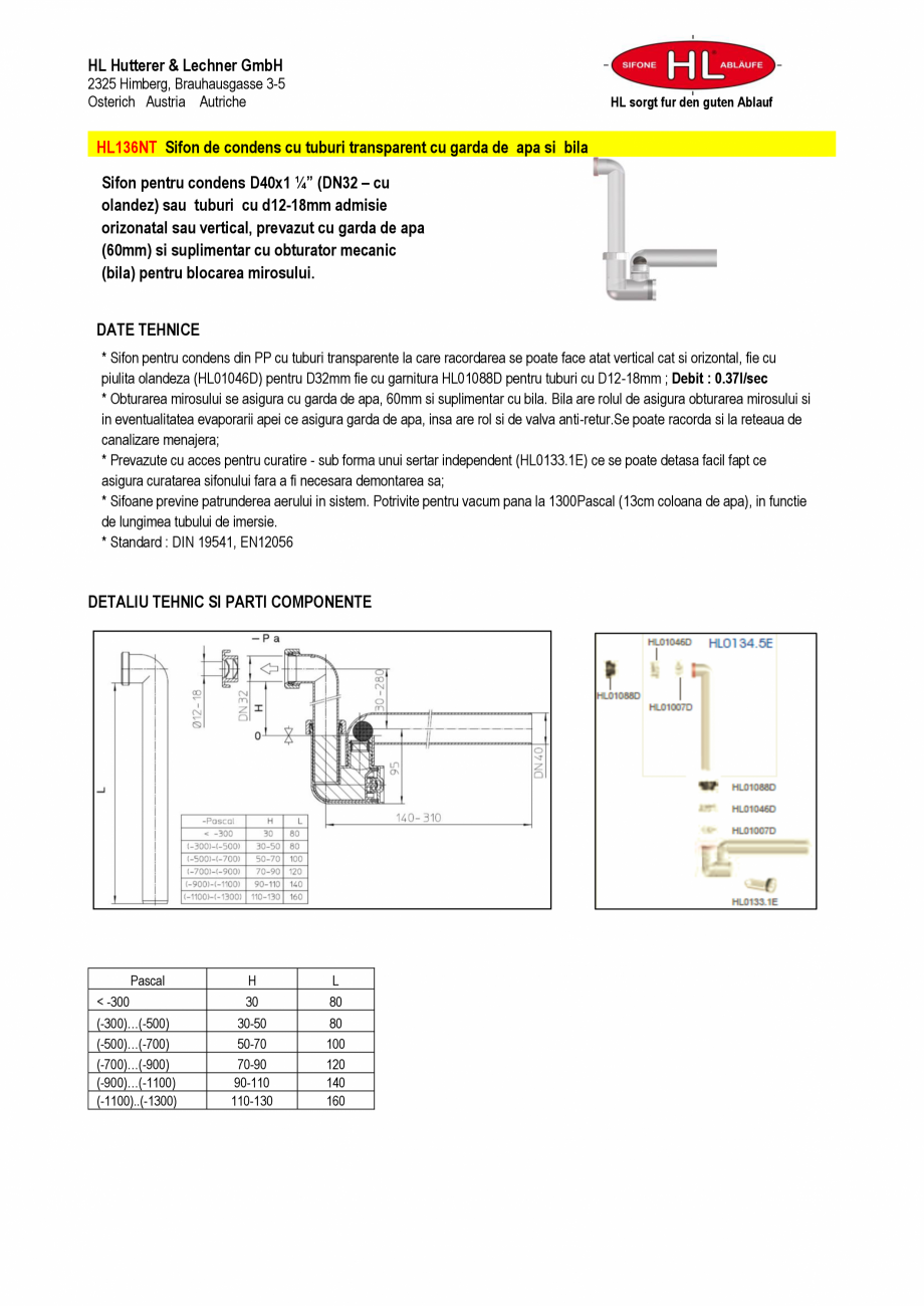 Pagina 1-Sifon pentru condens cu tuburi transparente HL Hutterer & Lechner HL136NT Fisa tehnica HL...