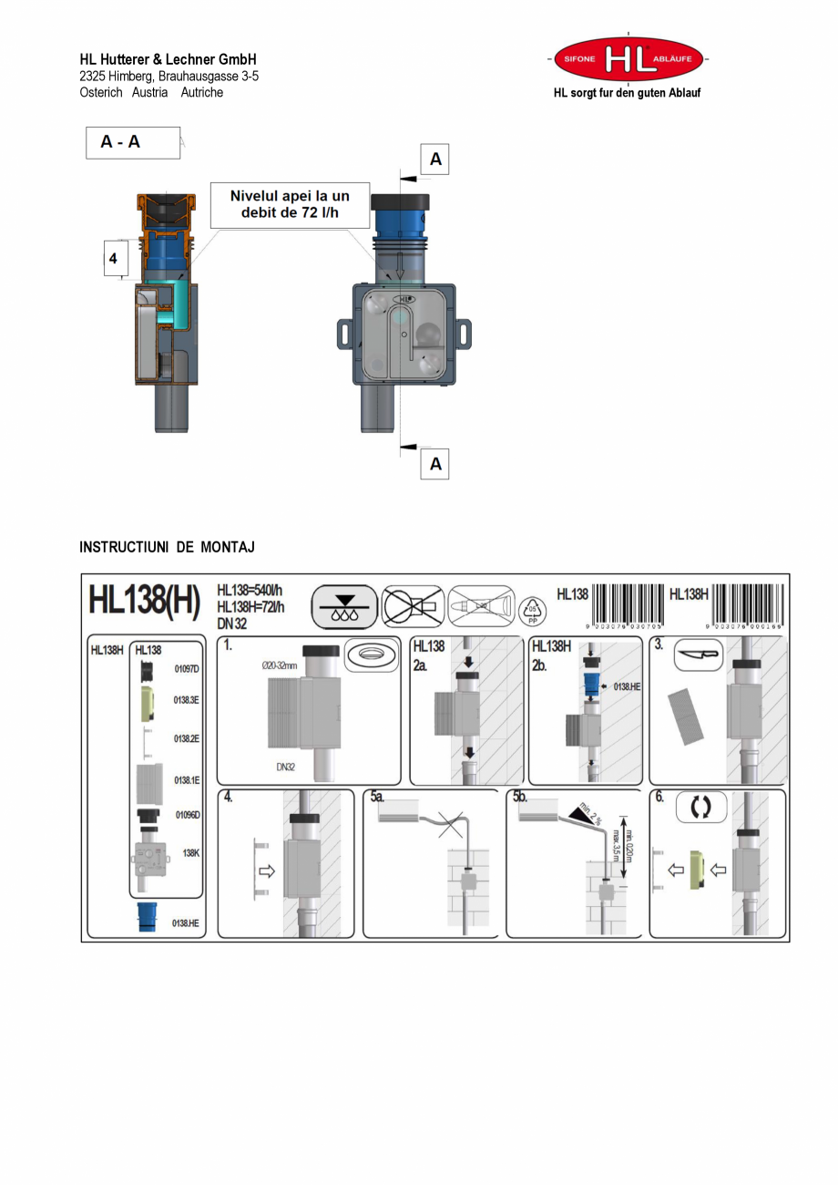 Pagina 2-Sifon pentru condens cu montaj ingropat cu adaptor igienic HL Hutterer & Lechner HL138H Fisa...