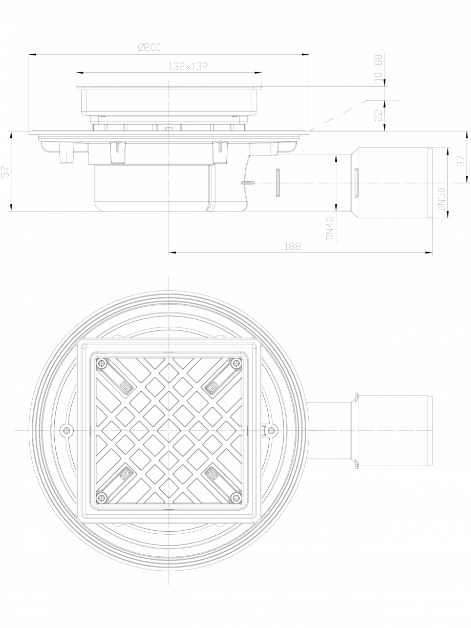 Pagina 1 - CAD-DXF Sifon de pardoseala PLAT cu flansa speciala, cu iesire laterala DN40/50, cu...