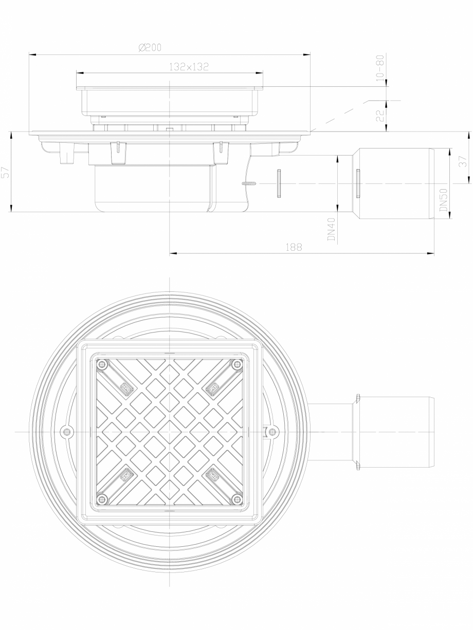 Pagina 1-CAD-DXF Sifon de pardoseala PLAT cu flansa speciala, cu iesire laterala DN40/50, cu obturator de...