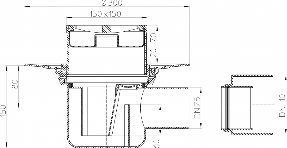 Pagina 1-CAD-PDF Desen tehnic - Corp sifon de pardoseala DN75/110 cu iesire orizontala cu flansa de izolatie,...