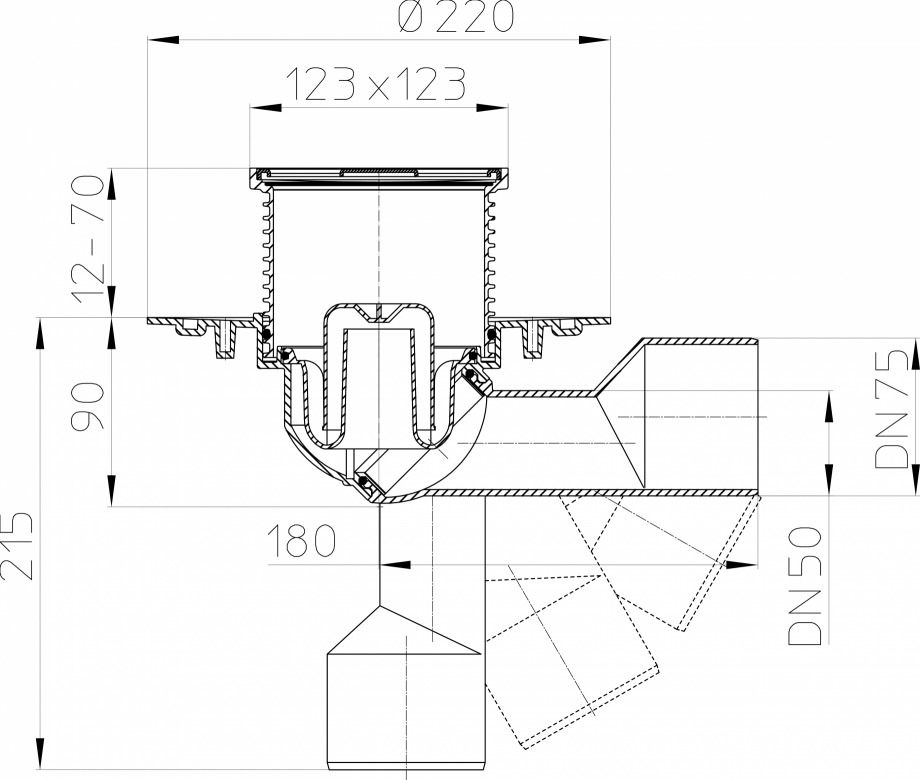 Pagina 1-CAD-PDF Desen tehnic - Sifon de pardoseala DN50/75, cu articulatie, obturator de mirosuri HL...