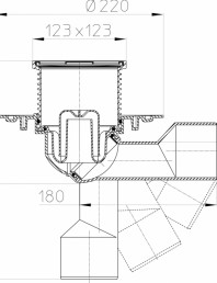 Desen tehnic - Sifon de pardoseala DN50/75, cu articulatie, obturator de mirosuri