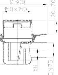 Desen tehnic - Sifon de pardoseala DN75/110, cu iesire orizontala cu flansa de izolatie