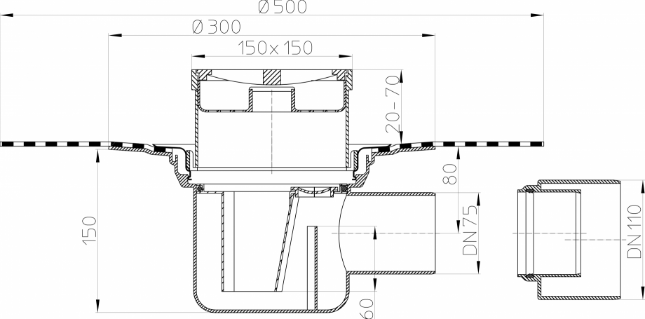 Pagina 1-CAD-PDF Desen tehnic - Sifon de pardoseala DN75/110, cu iesire orizontala, cu manseta din bitum,...