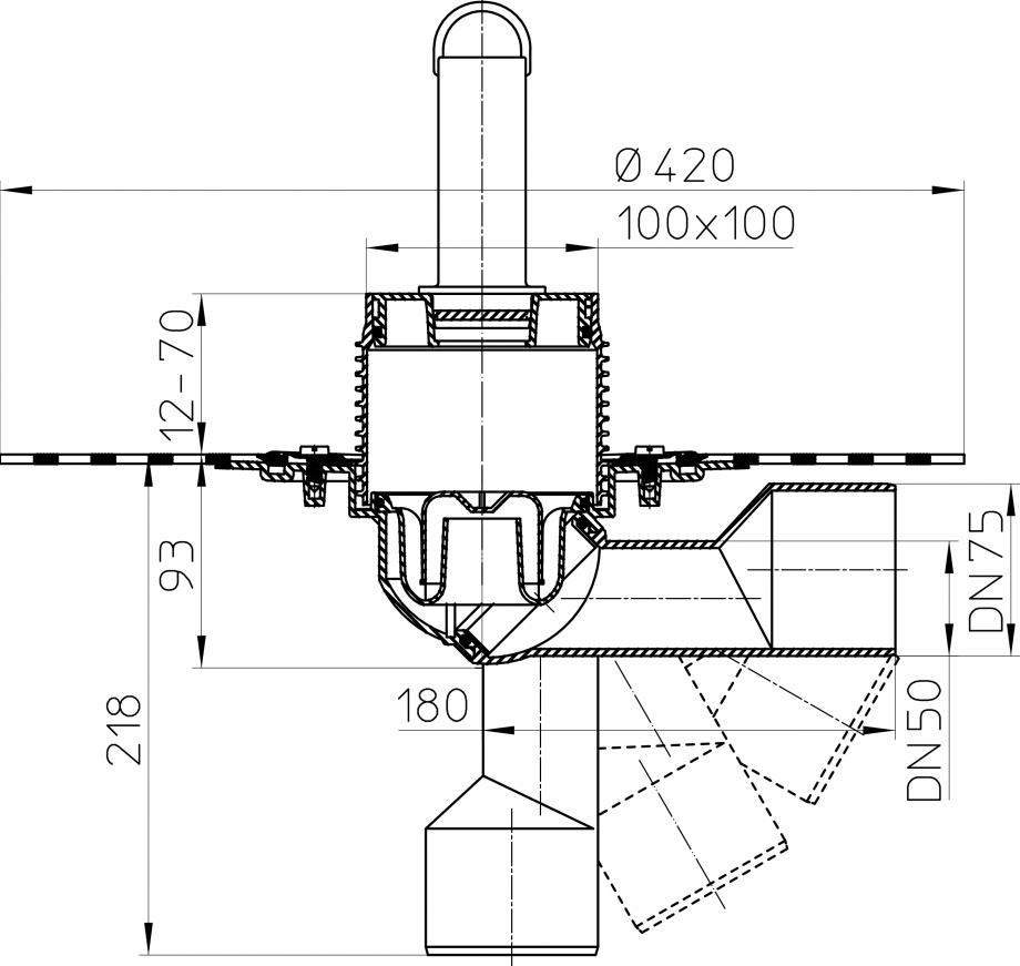 Pagina 1-CAD-PDF Desen tehnic - Sifon de pardoseala DN50/75, cu articulatie, cu manseta din bitum, cu...