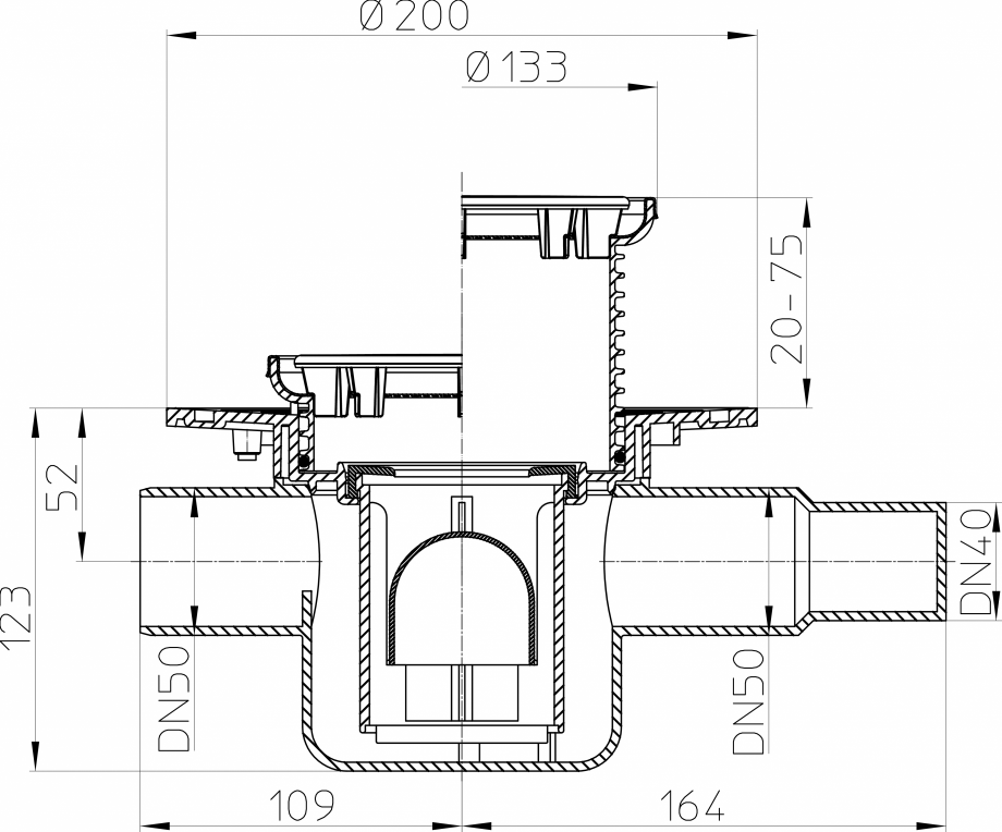 Pagina 1-CAD-PDF Desen tehnic - Sifon de pardoseala DN50 cu intrare orizontala DN40/50, cu suport gratar...