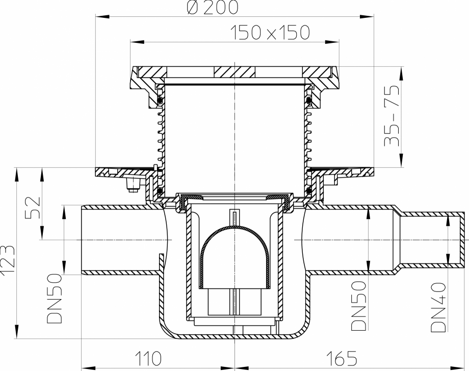 Pagina 1-CAD-PDF Desen tehnic - Sifon de pardoseala cu intrare orizontala DN40/50, fonta HL Hutterer &...