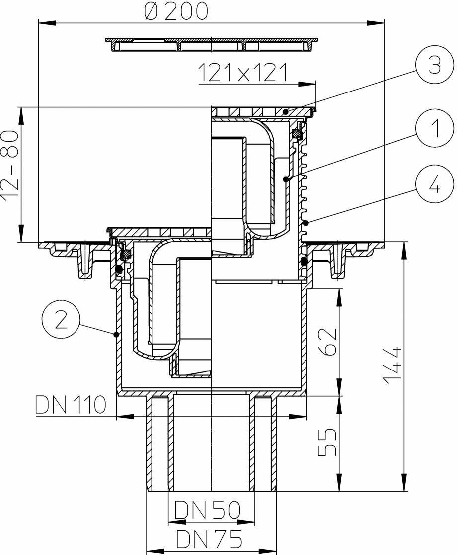 Pagina 1-CAD-PDF Desen tehnic - Receptor de pardoseala DN50/75/110 vertical cu flansa de izolatie, obturator ...