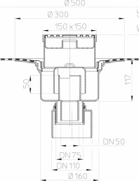 Desen tehnic - Sifon de pardoseala DN50/75/110 cu iesire verticala