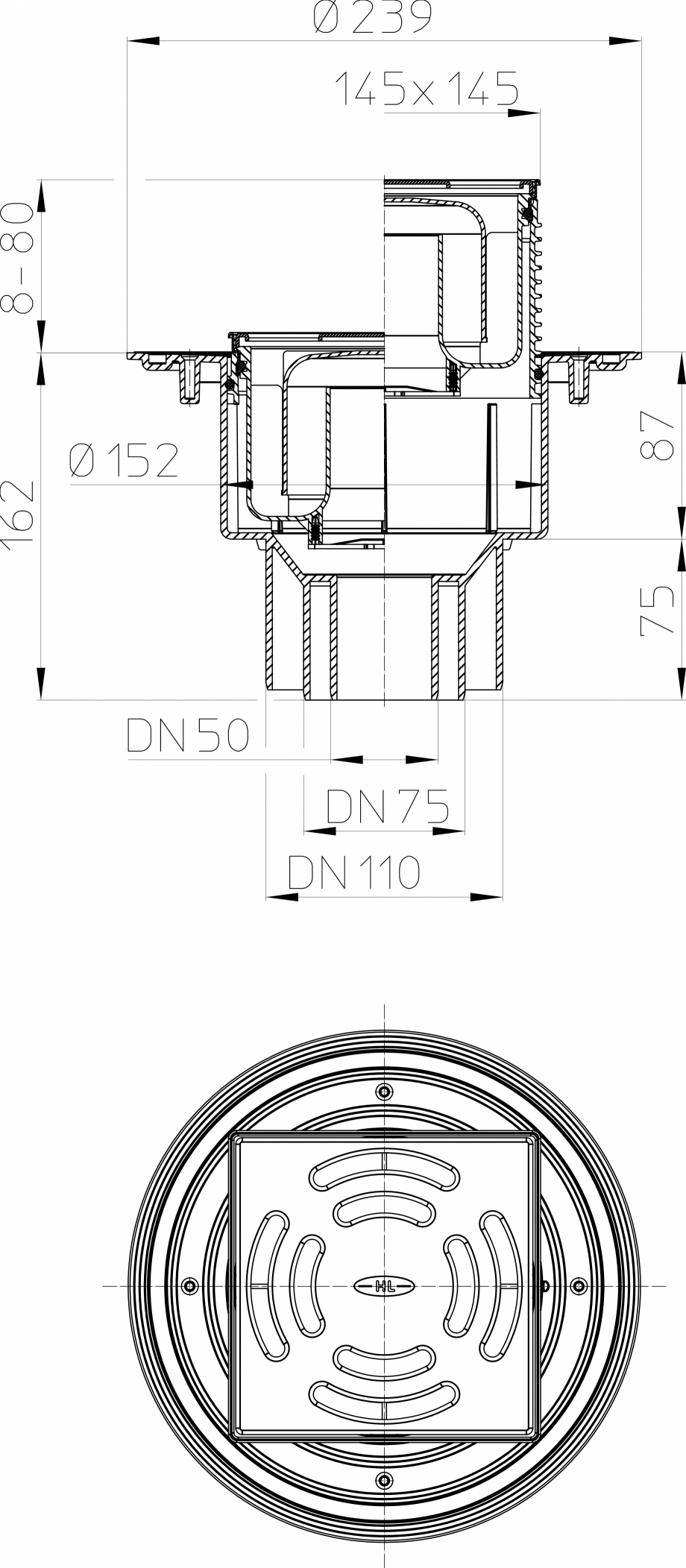 Pagina 1-CAD-PDF Desen tehnic - Sifon de pardoseala DN50/75/110 vertical, 145 x 145 mm, Klick-Klack 138 x 138...