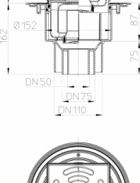 Desen tehnic - Sifon de pardoseala DN50 75 110 vertical 145 x 145 mm Klick-Klack 138