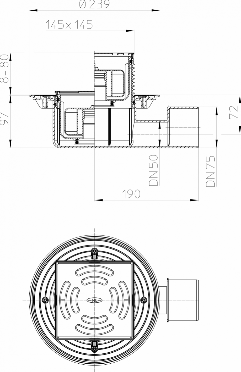 Pagina 1-CAD-PDF Desen tehnic - Sifon de pardoseala DN50/75 orizontal cu obturator de mirosuri PRIMUS 145x145...