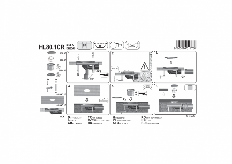 Pagina 1-Exemplu montaj: Sifon pardoseala DN50/75, cu articulatie, cu guler din beton polimer CeraDrain si...