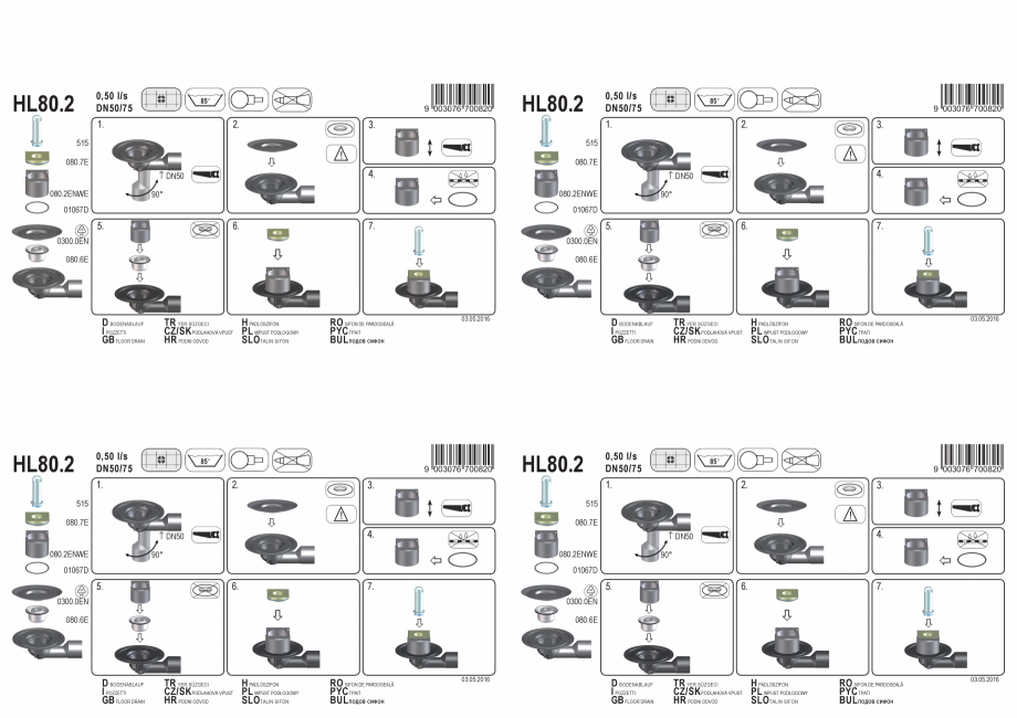Pagina 1-Exemplu montaj: Sifon pardoseala DN50/75, cu articulatie, cu obturator de mirosuri, cu ventil plat...