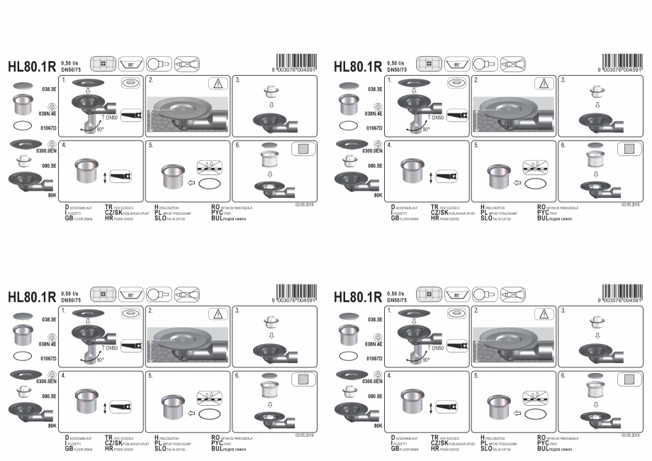Pagina 1-Exemplu montaj: Sifon pardoseala DN50/75, cu articulatie, cu obturator de mirosuri, suport gratar...