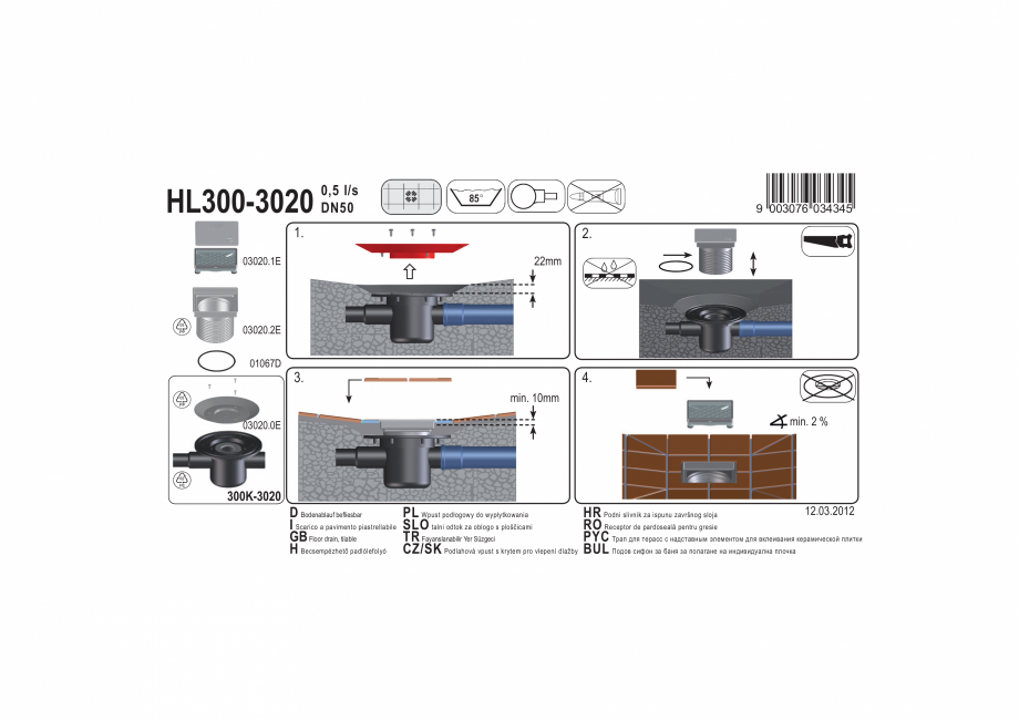 Pagina 1-Exemplu montaj: Sifon pardoseala DN50 orizontal cu flansa izolatie, obturator mirosuri cu...