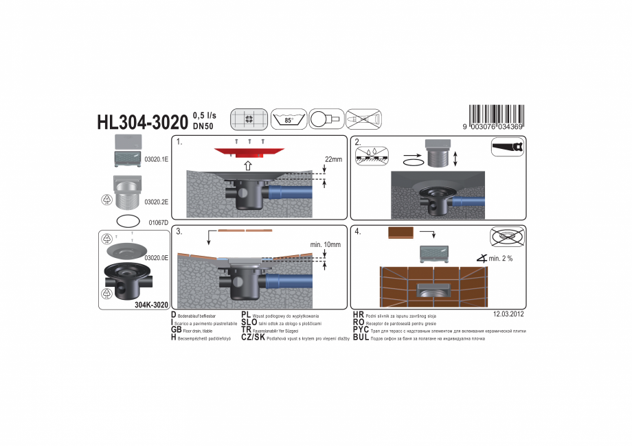 Pagina 1-Exemplu montaj: Sifon pardoseala DN50 cu trei intrari DN40, 123 x 123mm / 115 x 115 mm - 3020 HL...