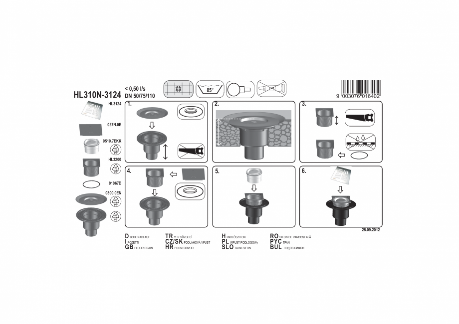 Pagina 1-Exemplu montaj: Sifon de pardoseala DN50/75/110 cu iesire verticala 123 x 123 mm / 115 x 115 mm -...