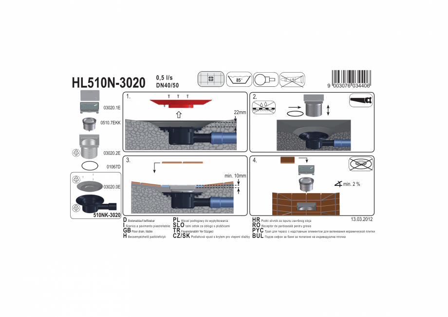 Pagina 1-Exemplu montaj: Sifon pardoseala DN40/50 orizontal cu obturator mirosuri, capac cu rama otel inox - ...