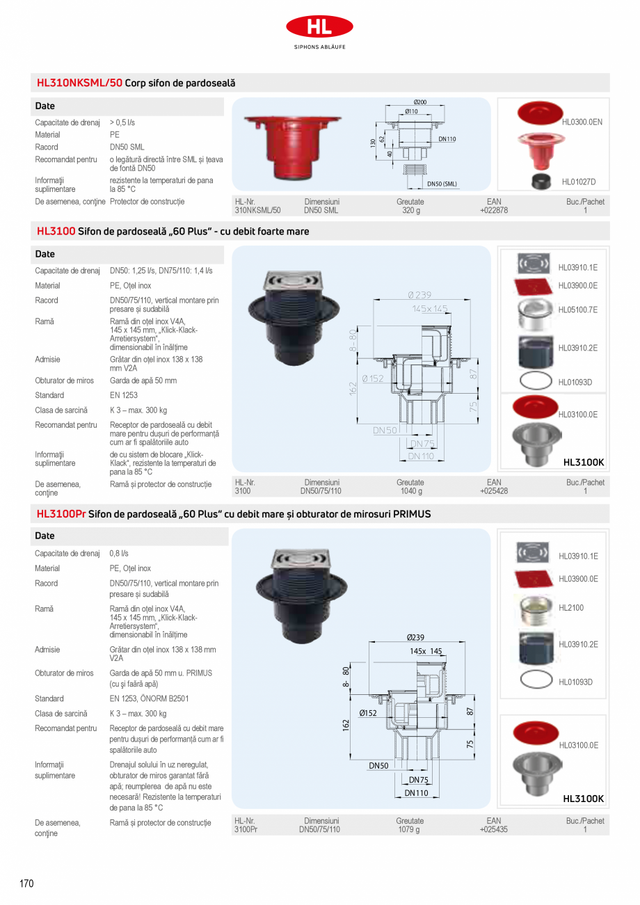 Pagina 16-Sifoane de scurgere pentru pardoseala HL Hutterer & Lechner HL72.1, HL72.1H, HL72.1HN, HL72.1N, ...