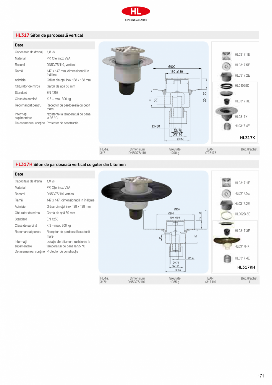 Pagina 17-Sifoane de scurgere pentru pardoseala HL Hutterer & Lechner HL72.1, HL72.1H, HL72.1HN, HL72.1N, ...