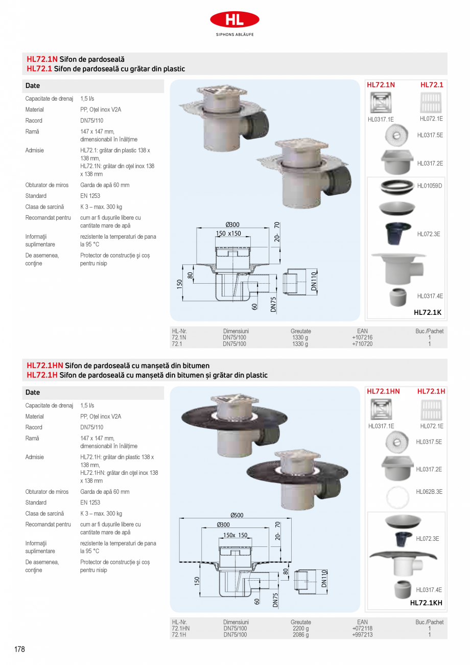 Pagina 24-Sifoane de scurgere pentru pardoseala HL Hutterer & Lechner HL72.1, HL72.1H, HL72.1HN, HL72.1N, ...
