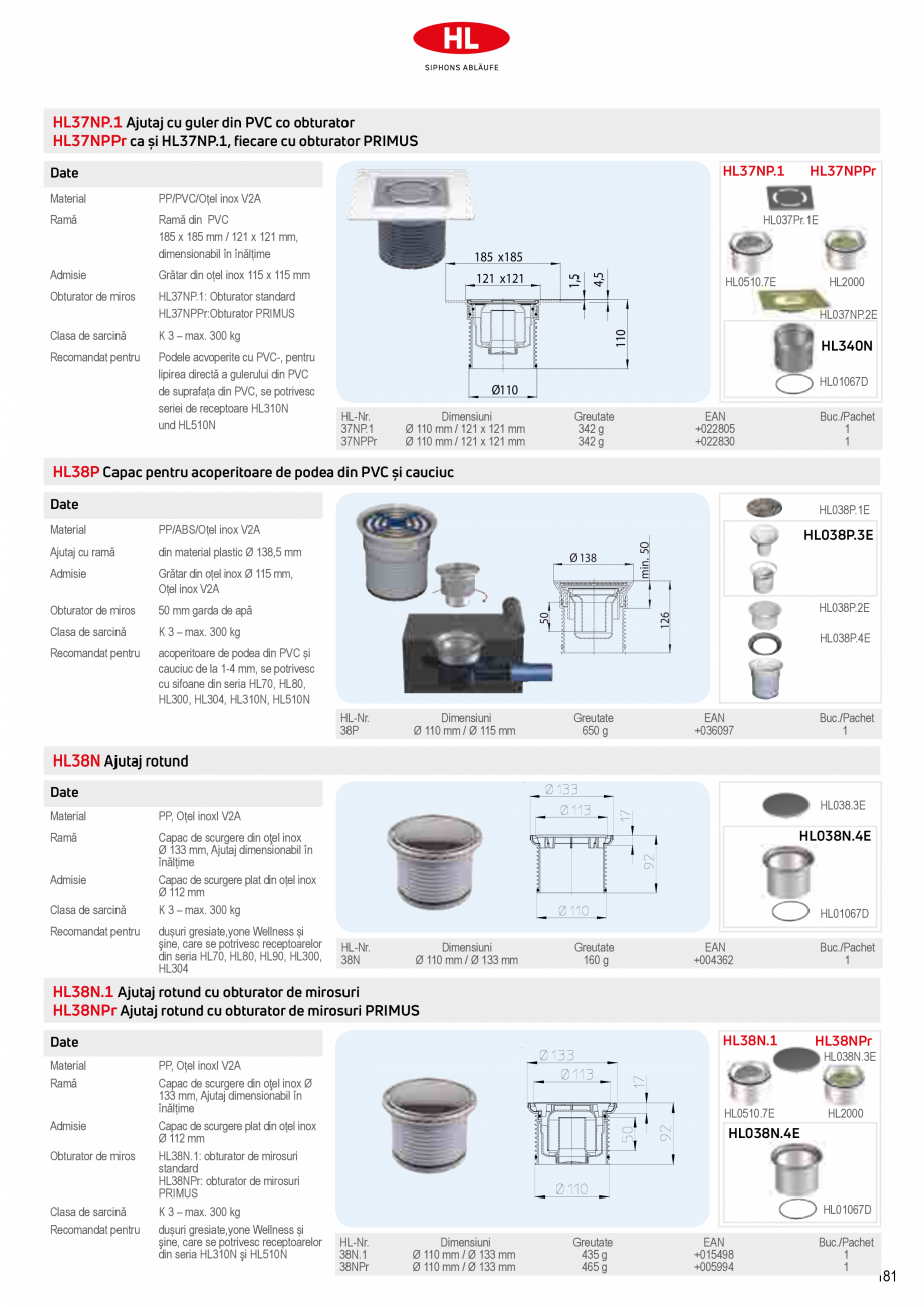 Pagina 27-Sifoane de scurgere pentru pardoseala HL Hutterer & Lechner HL72.1, HL72.1H, HL72.1HN, HL72.1N, ...