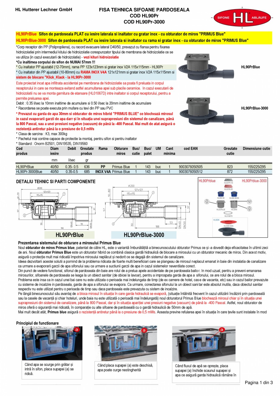Pagina 1-Sifon pardoseala HL90PrBlue si HL90Prblue-3000 HL Hutterer & Lechner Fisa tehnica Romana HL...