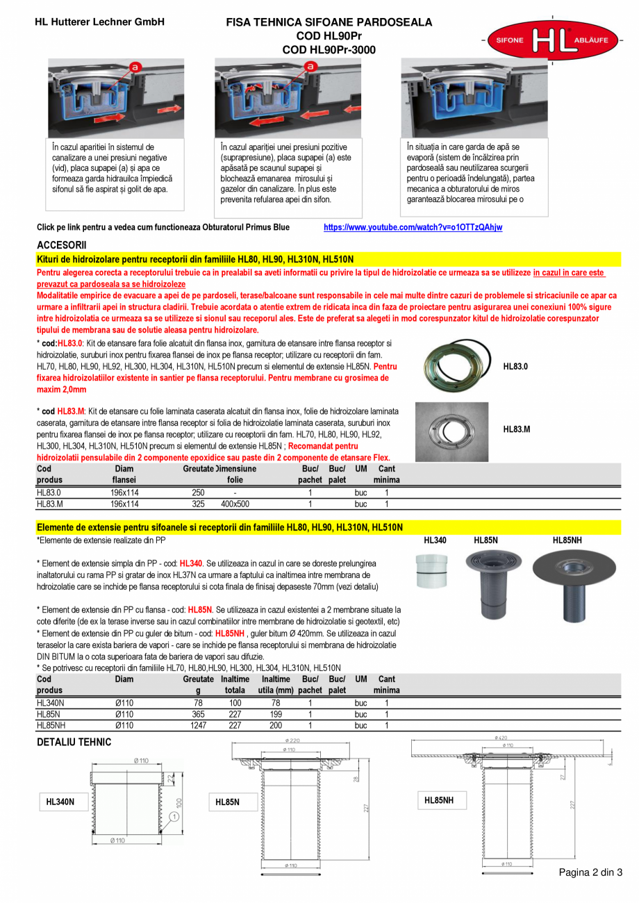 Pagina 2-Sifon pardoseala HL90PrBlue si HL90Prblue-3000 HL Hutterer & Lechner Fisa tehnica Romana...