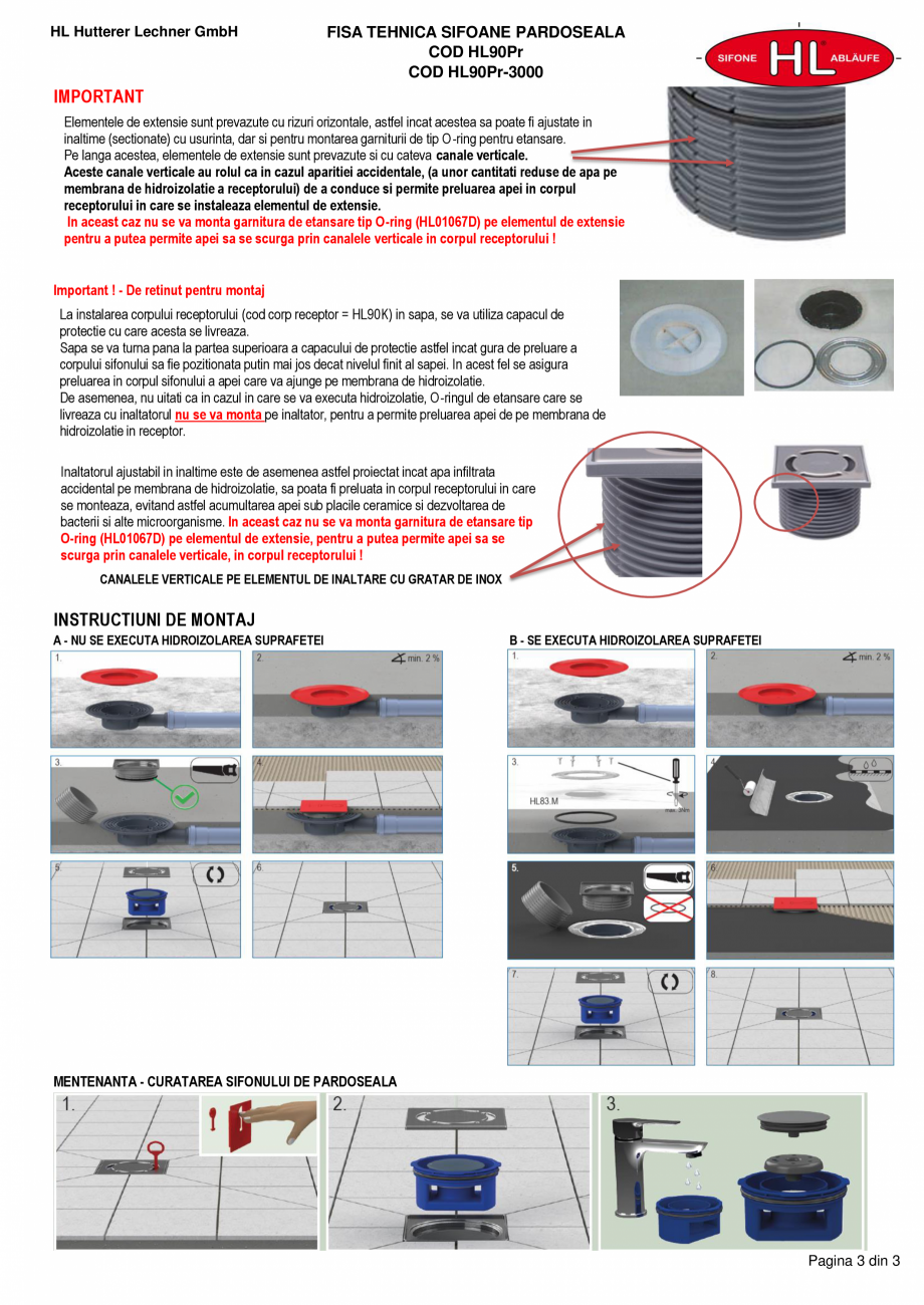 Pagina 3-Sifon pardoseala HL90PrBlue si HL90Prblue-3000 HL Hutterer & Lechner Fisa tehnica Romana utate...