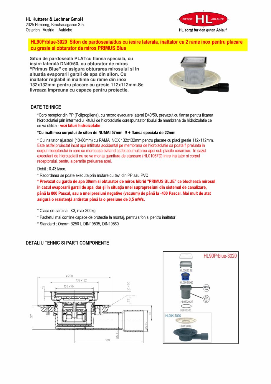 Pagina 1-Fisa tehnica - Sifon de pardoseala PLAT cu flansa speciala, cu iesire laterala DN40/50, cu obturator...