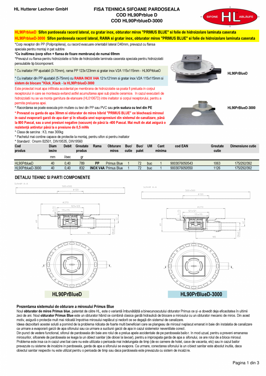 Pagina 1-Fisa tehnica - Sifon pardoseala - HL90PrBlueD si HL90PrblueD-3000 HL Hutterer & Lechner Fisa...