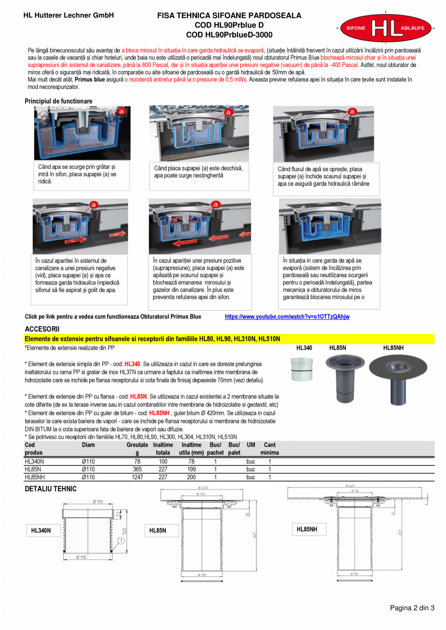 Pagina 2-Fisa tehnica - Sifon pardoseala - HL90PrBlueD si HL90PrblueD-3000 HL Hutterer & Lechner Fisa...